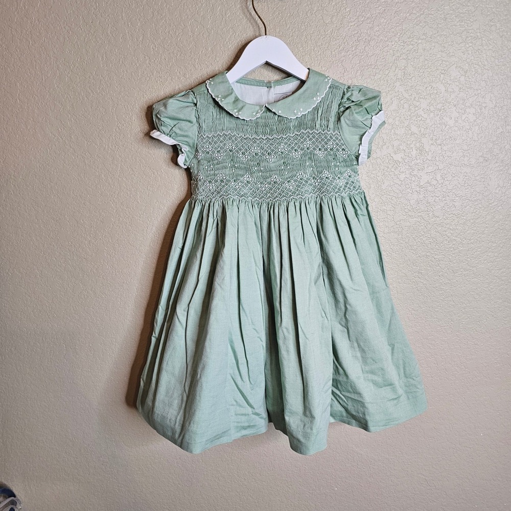 Pepa London Signature Girls Green Hand Smocked Cotton Dress Peter Pan Collar 4